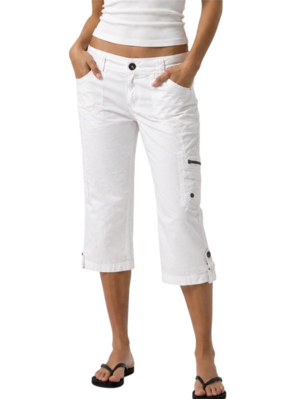 Size 1 M Chicos White Cargo Capri Pants Adjustable Hem Crop Pants